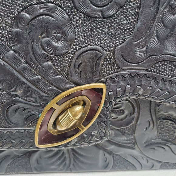 Hand Tooled Black Leather Purse 50's 60's Vintage Cowgirl Western Floral Print - Picture 3 of 9